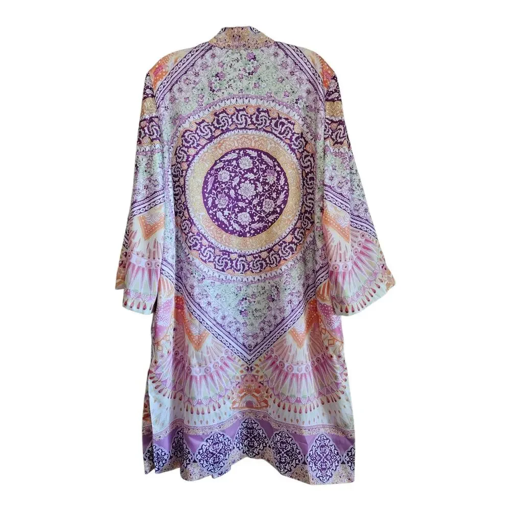 CHICO'S Women's 12 14 Coastal Tile Duster Jacket Satin Open Long 3/4 Sleeve